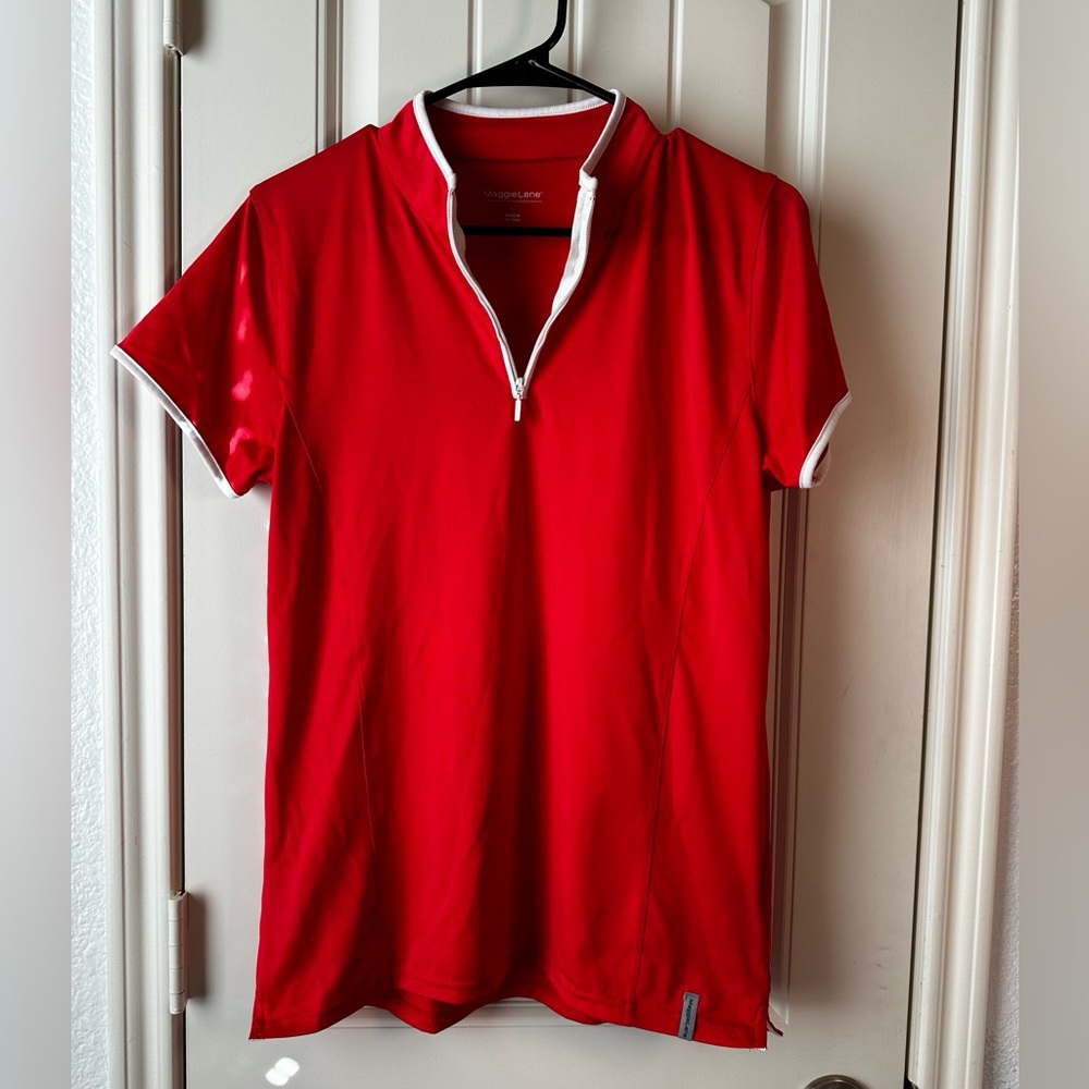 Maggie Lane Ladies Golf Tennis Red Short Sleeve 1/4 Zip Top Size Large